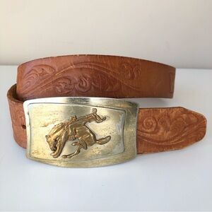 Embossed Leather Belt with Gold Buckle